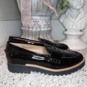 Franco Sarto Cedra Black Faux Patent Leather Lug Sole Loafers